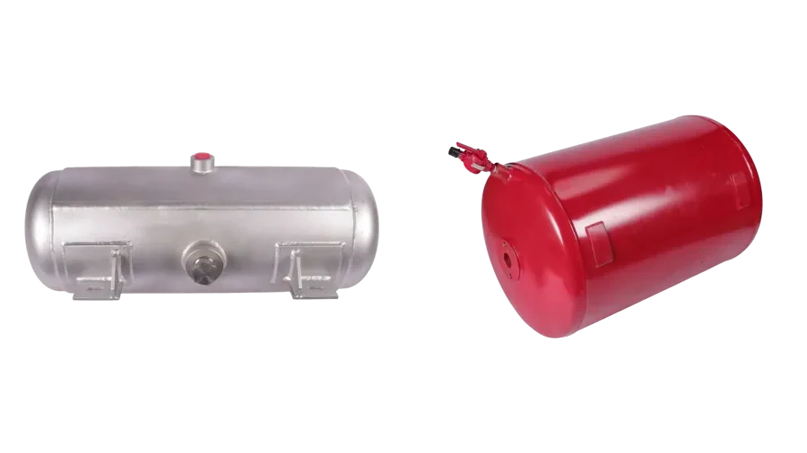 An uncoated stainless steel air reservoir beside a coated steel one, both made by Sakshi Tools