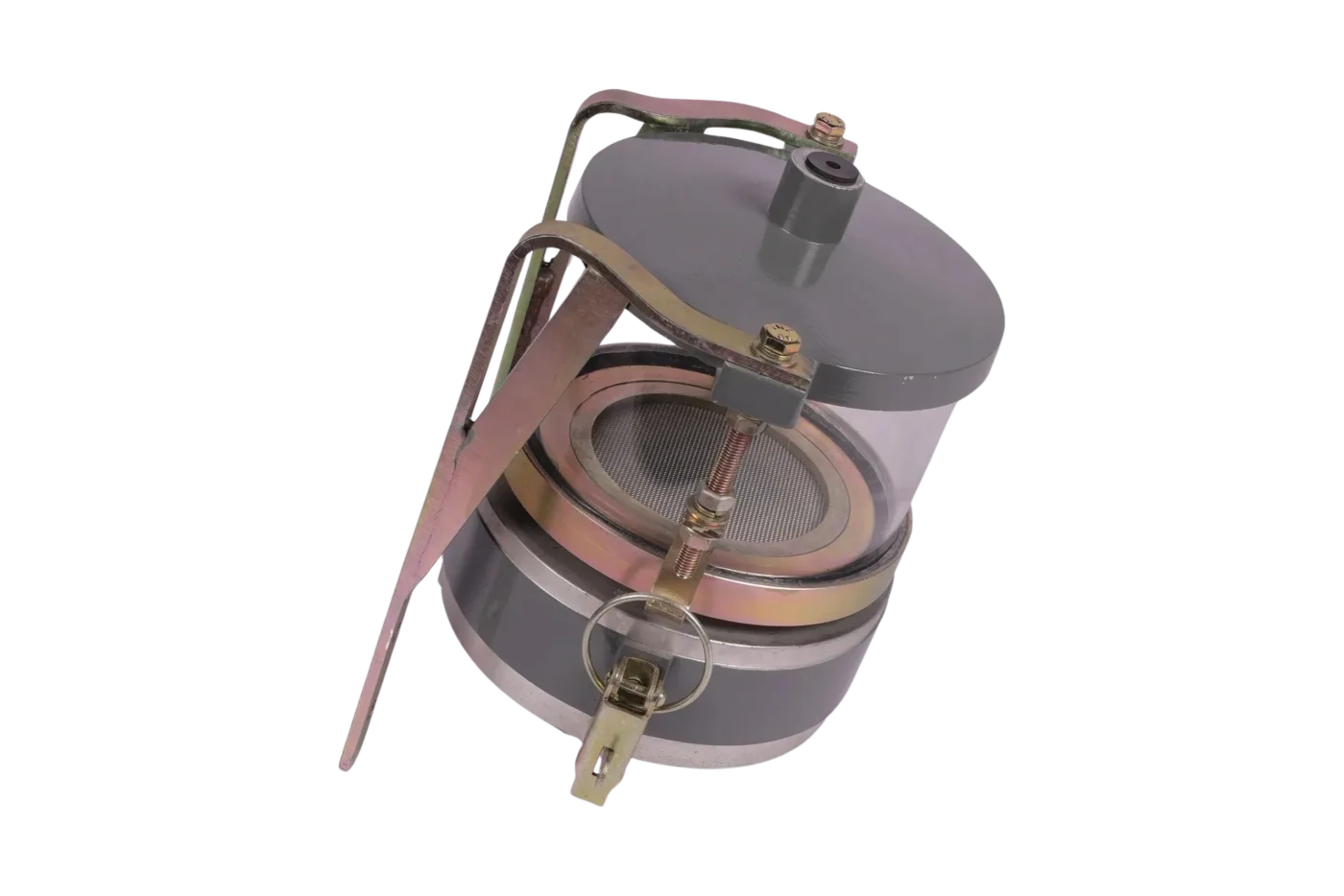 Air dryer silica gel assembly with hinged clamp lid, sealed flange and retaining mesh