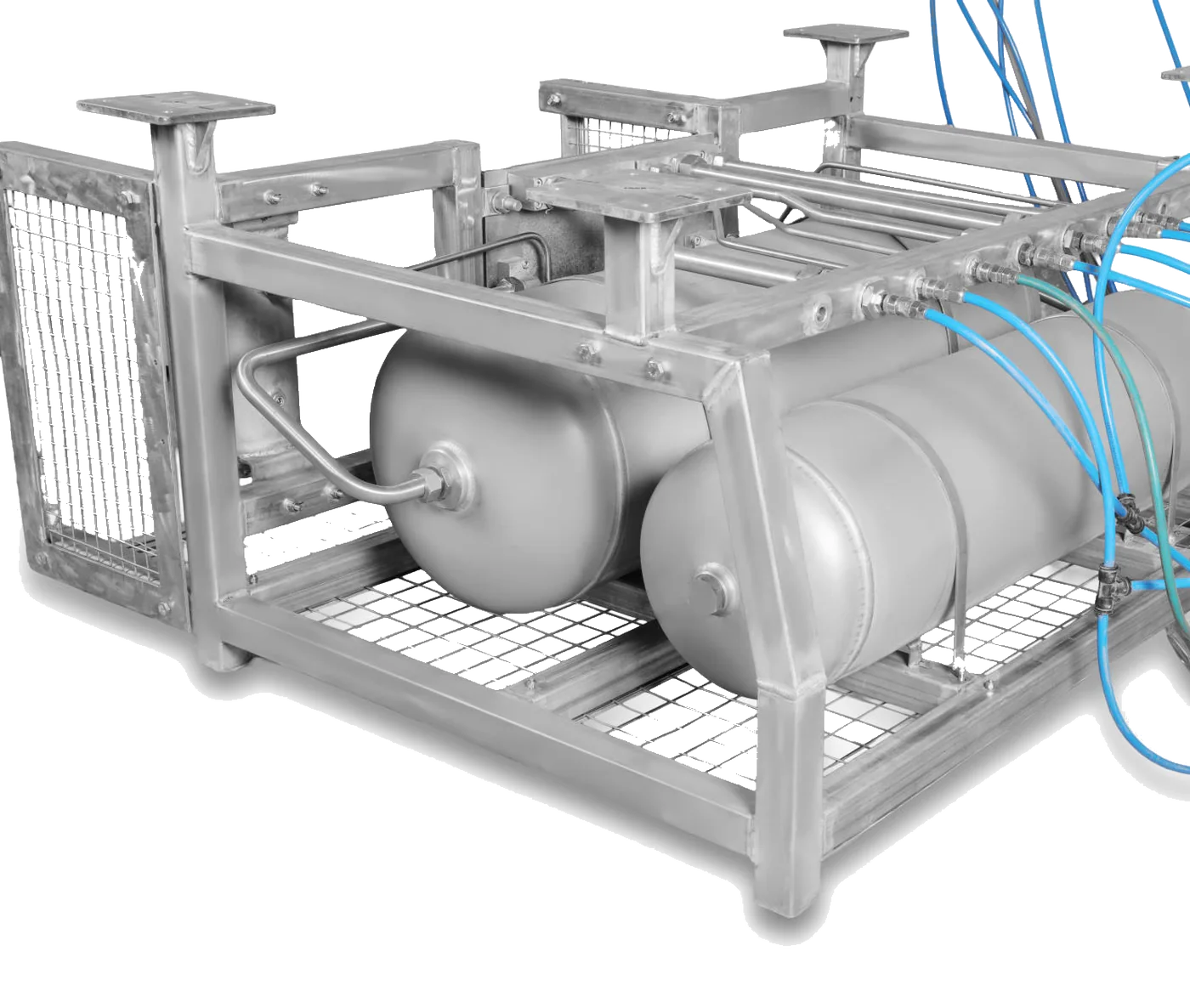 Frame assembly for an axle-mounted disc brake system, with stainless reservoirs mounted in a welded frame and a manifolded pneumatic circuit