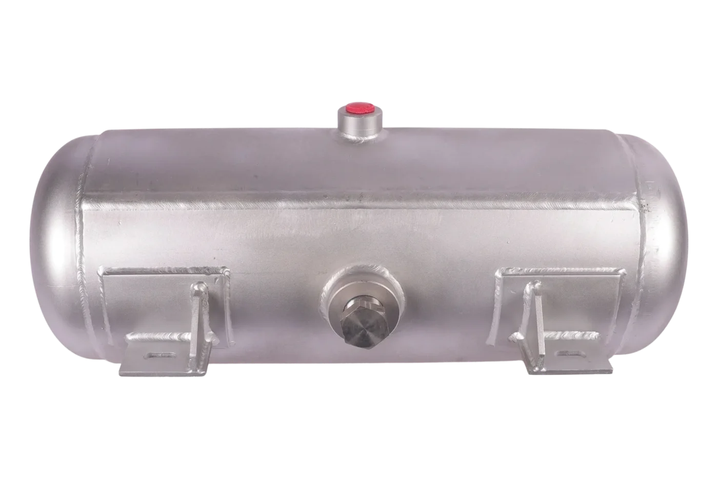 20 litre uncoated stainless steel air reservoir showing visible girth and longitudinal weld beads, welded mounting brackets and drain boss