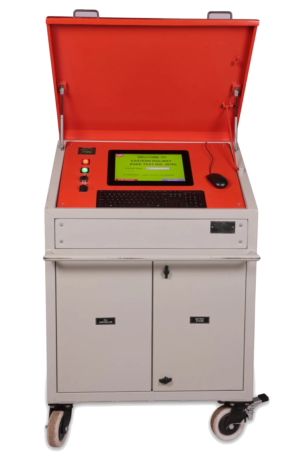 Automated test bench, mobile console with display and keyboard on castors