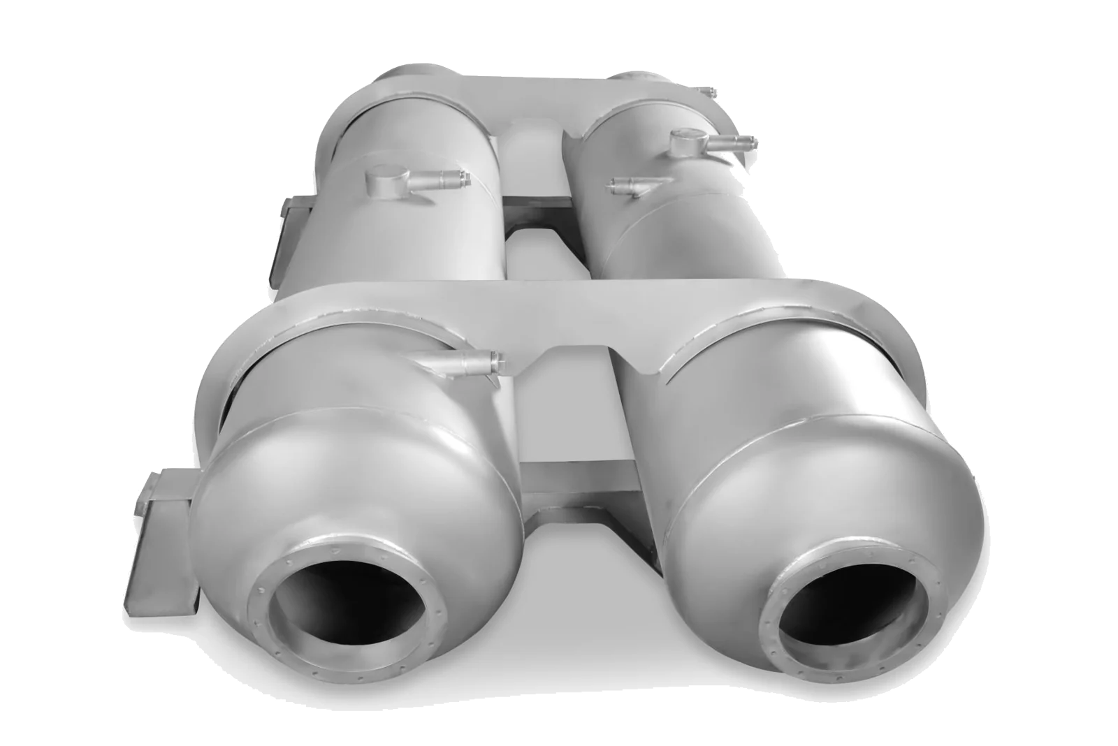 Twin water tank assembly on a single welded frame, with dished ends and flanged access ports